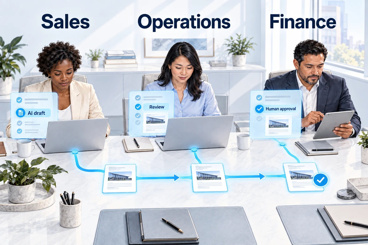 Sales, operations and finance professionals connected by blue AI workflow paths, with a human approval point.