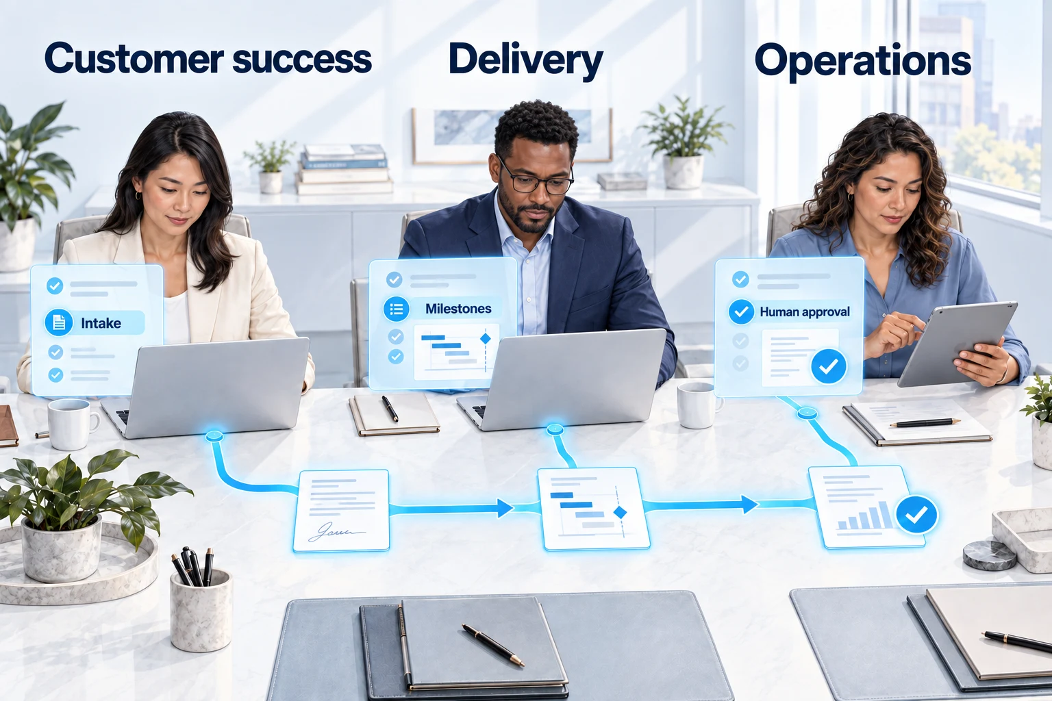 Customer success, delivery, and operations connected through intake, milestones, and human approval.