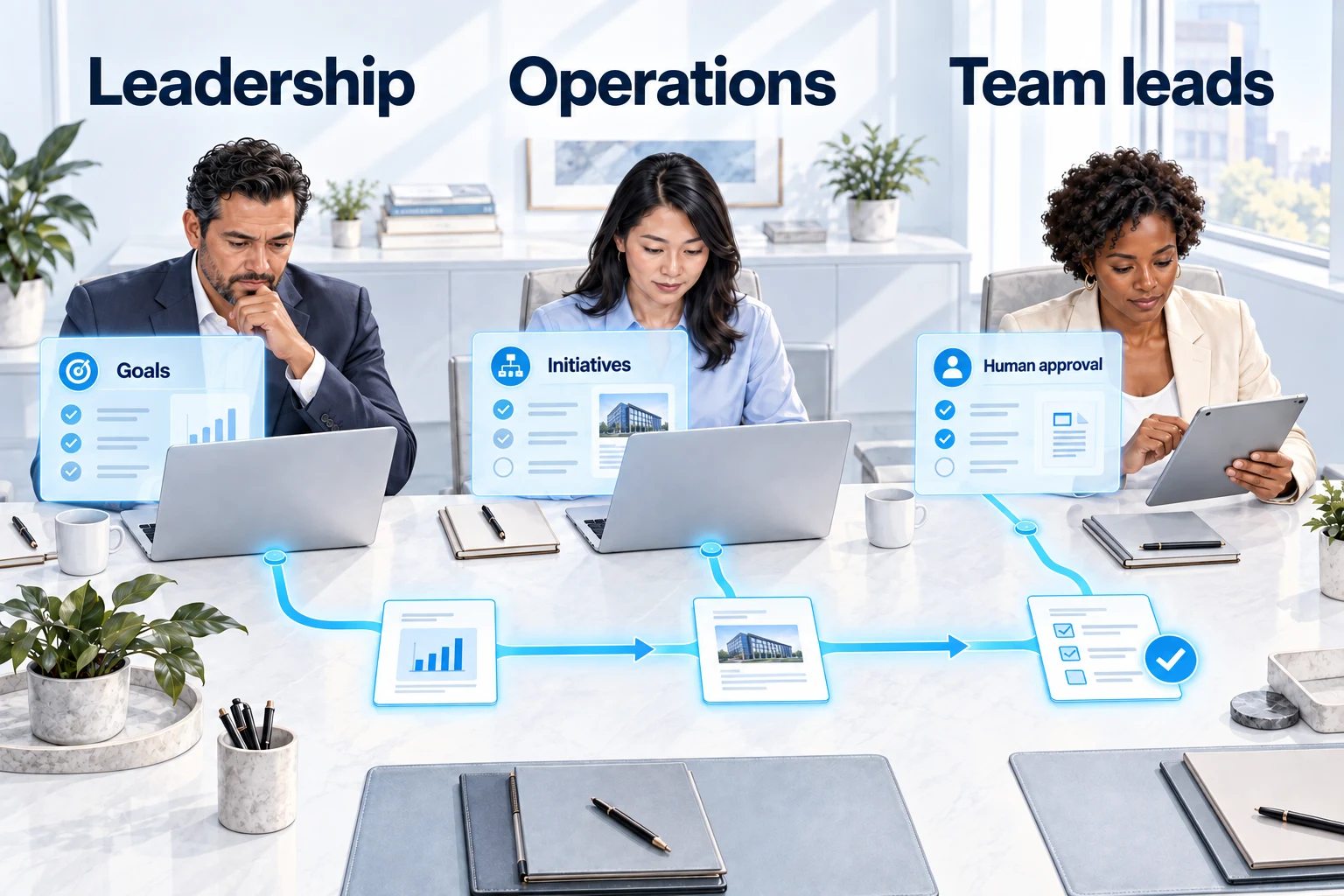 Leadership, operations, and team leads connected through goals, initiatives, and human approval.