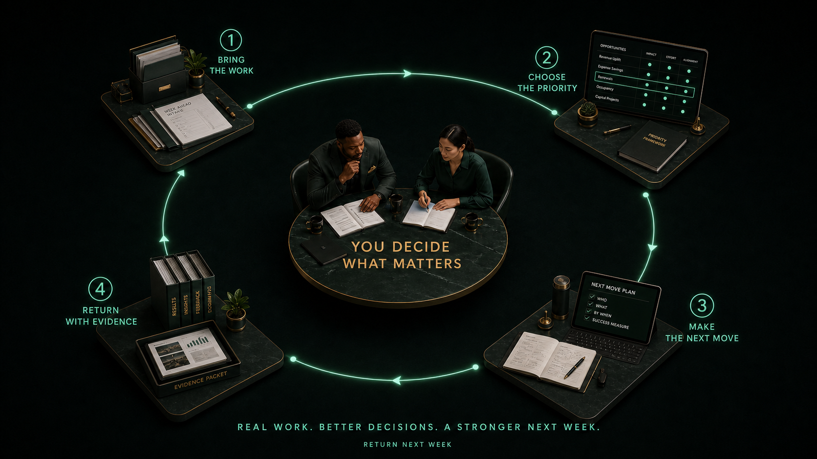 A circular weekly coaching loop with one man and one woman of different racial backgrounds shown with equal authority, moving from bring the work to choose the priority, make the next move, and return with evidence.