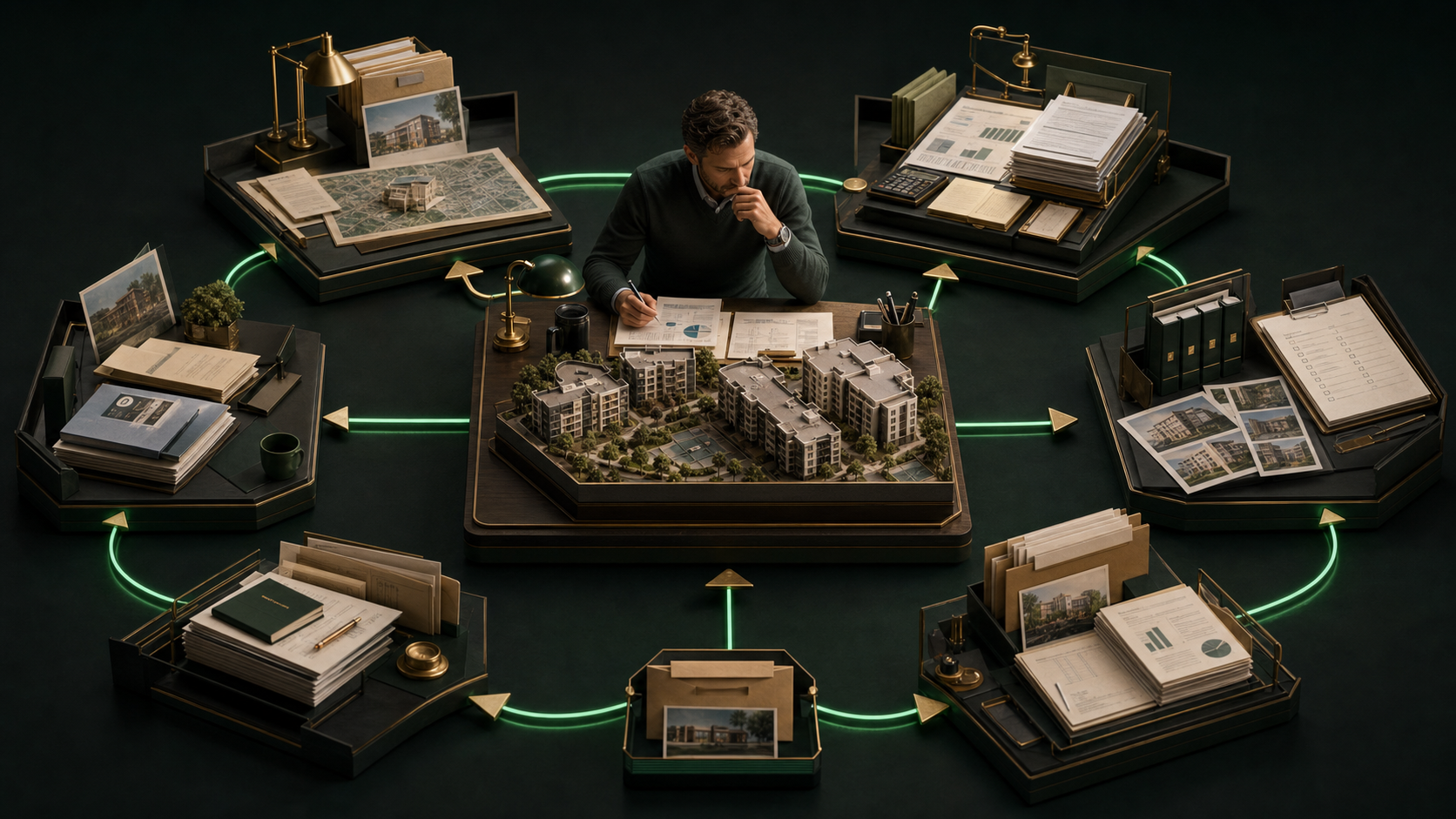 A multifamily owner reviewing an apartment investment while six connected work stations carry acquisitions, underwriting, due diligence, investor communication, asset management, and closing preparation around the property.