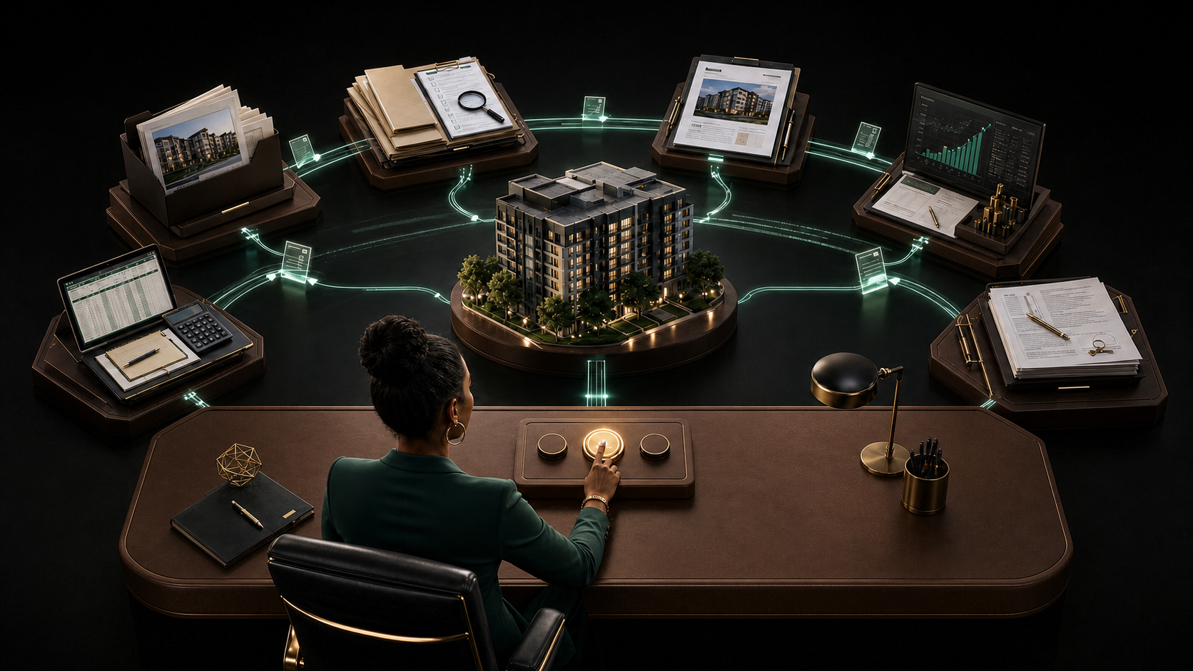 A multifamily owner directs six connected jobs across acquisition, underwriting, diligence, investor communication, property performance, and closing; thin technical-green paths carry the work while a restrained gold control marks the human approval.