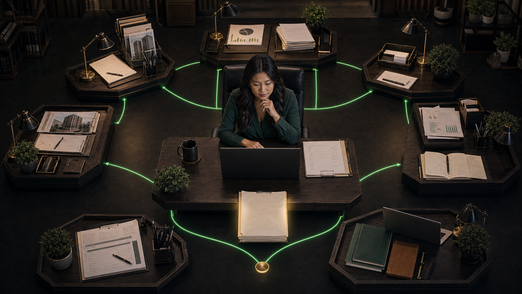 An Asian-American multifamily owner reviews six familiar operating pressures at her computer. The assessment narrows them to one clear priority and two coaching paths: an immediate action plan or a deeper prompt for her own AI.