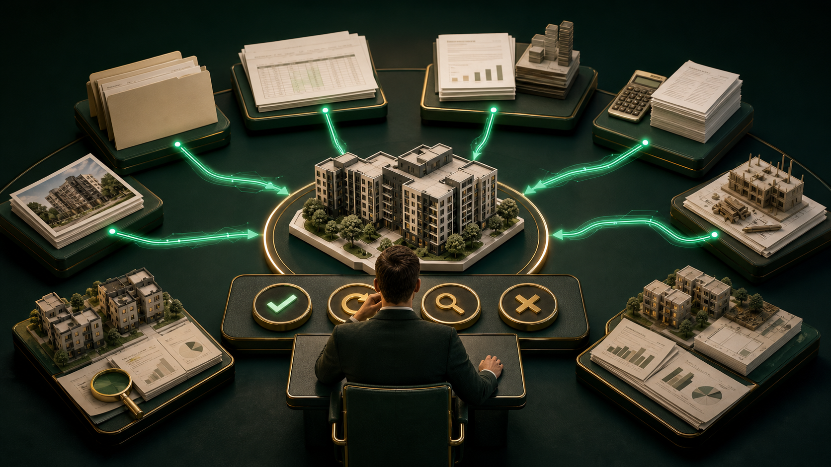 Multifamily acquisition inputs converge through underwriting preparation to an owner-controlled investment decision.