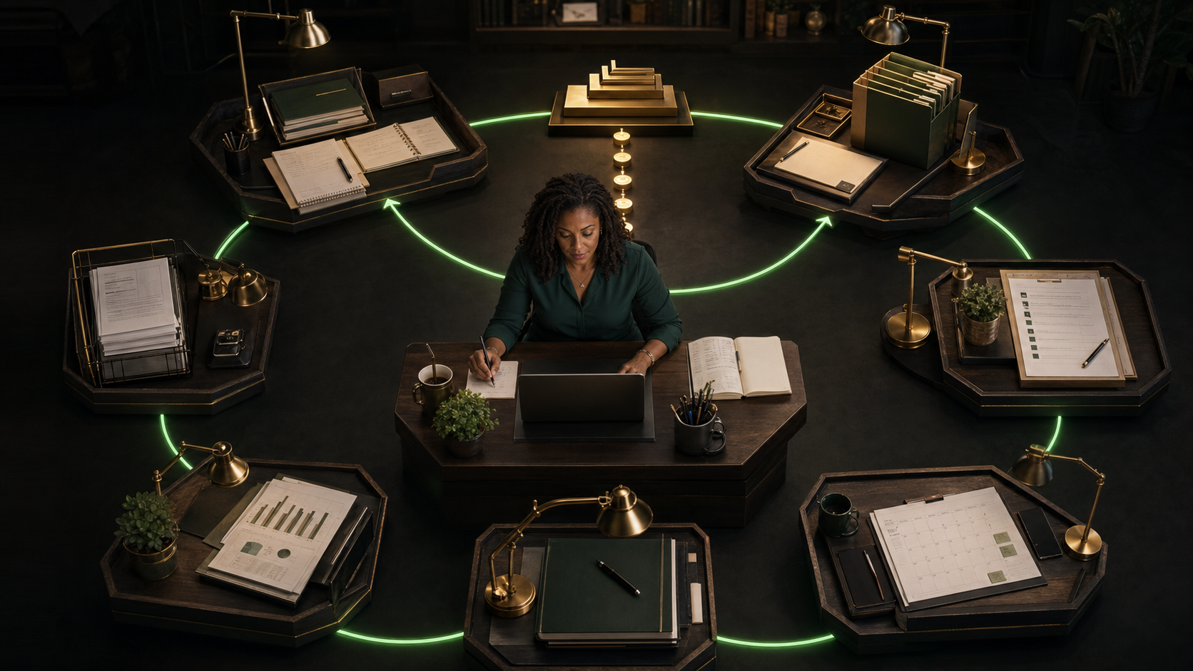 A Black woman business owner works at her computer while six connected stations carry her goal, current work, priority, commitment, results, and next-week plan. Gold markers accumulate toward a larger operating-system installation.